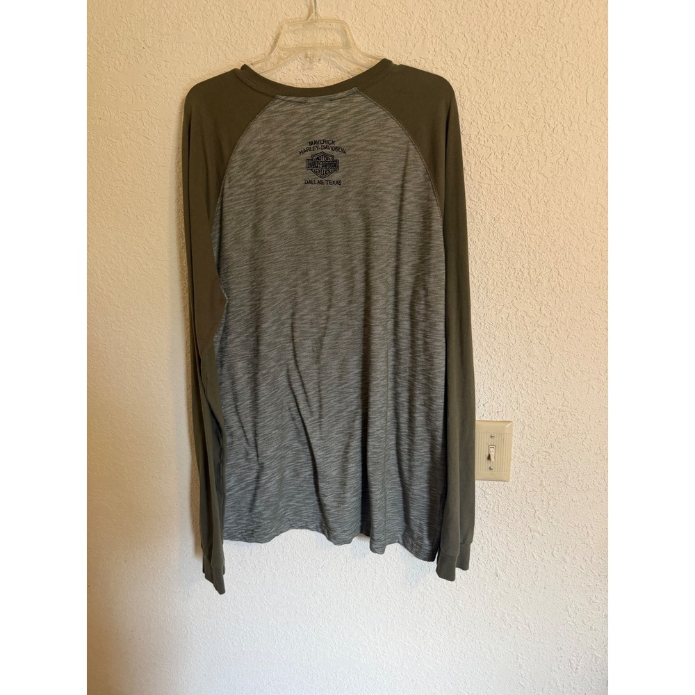 Harley-Davidson Mens Henley Shirt 2XL Olive Green Raglan Long Sleeve Dallas TX - Picture 3 of 7